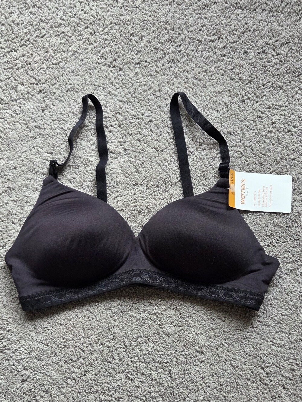 NWT Warner's Cloud 9 Black Lightly Lined Wireless Bra, Size 36A Everyday Basic